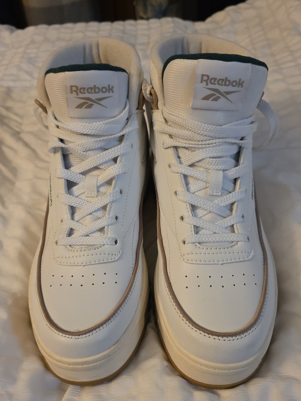 Reebok White Sneakers with Green Logo and Tan Trim - Kids High Tops